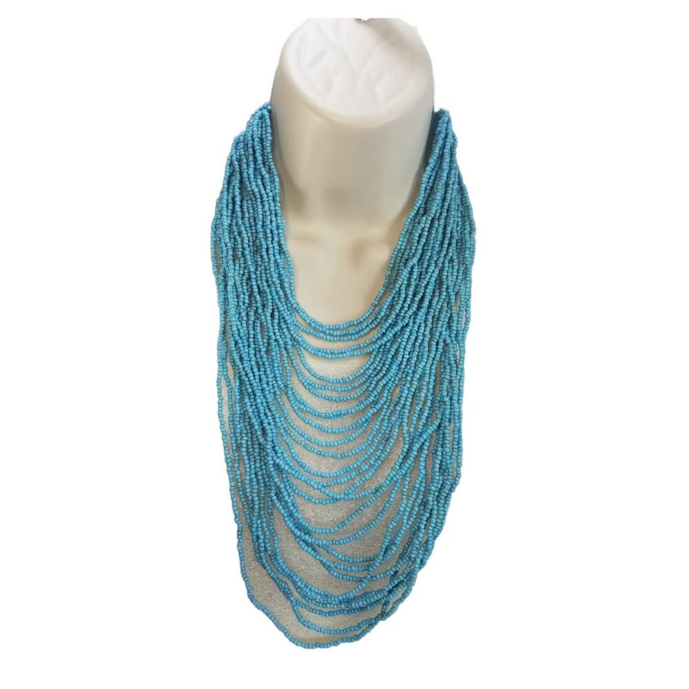 Handmade Blue Seed Beaded Multi Strand Opera Style Necklace Adjustable